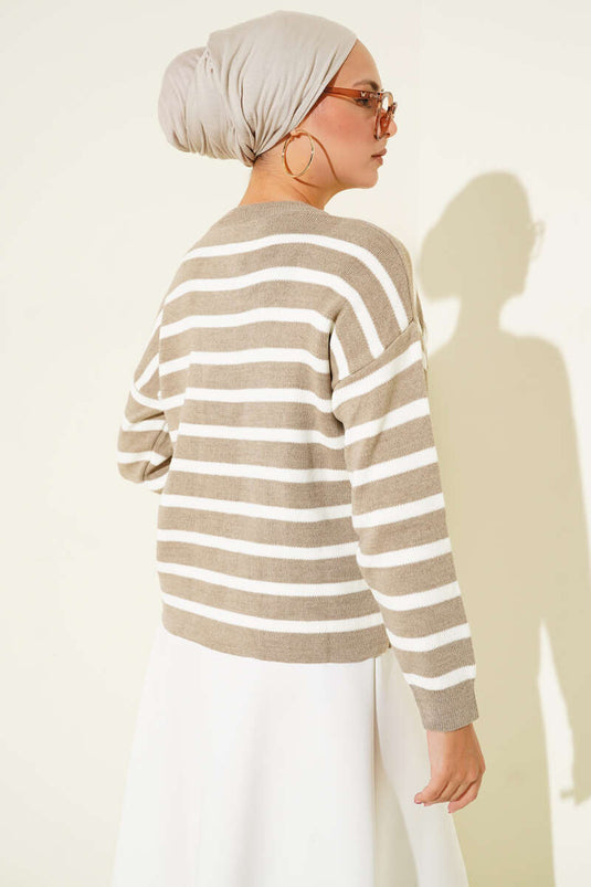 Striped Button Detailed Short Knit Cardigan Latte