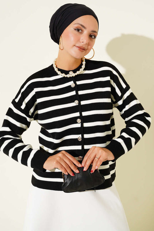 Cardigan court en maille rayée avec boutons détaillés noir