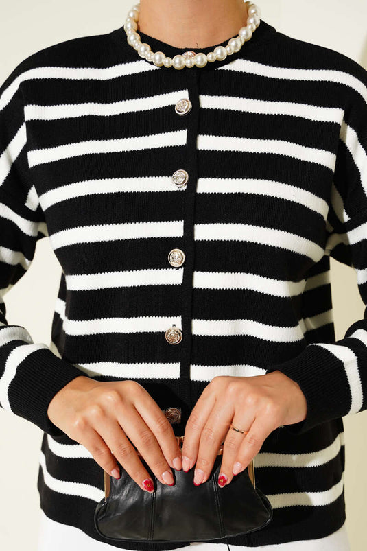 Cardigan court en maille rayée avec boutons détaillés noir