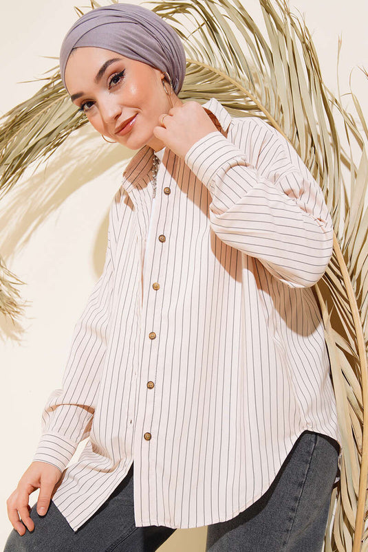Çizgili Düğmeli Gömlek Bej