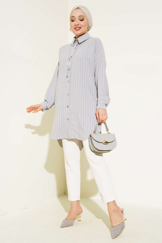 Striped Off-Shoulder Shirt Gray