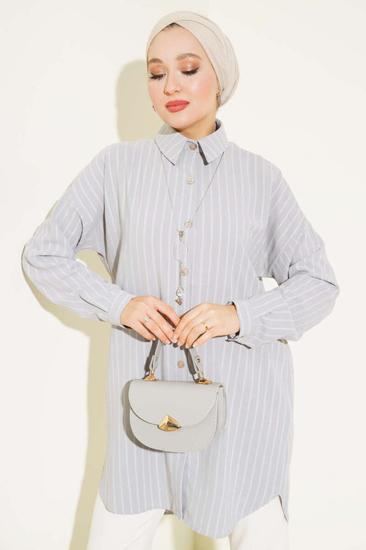Striped Off-Shoulder Shirt Gray