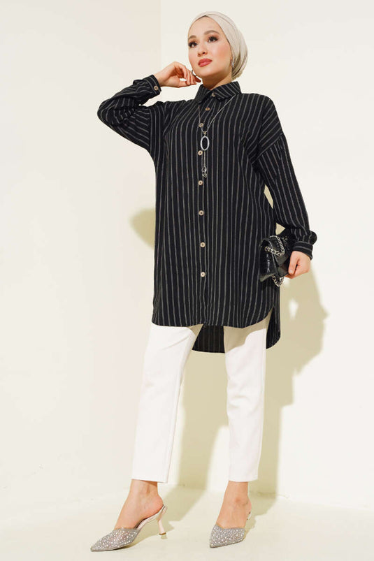 Striped Off-Shoulder Shirt Black