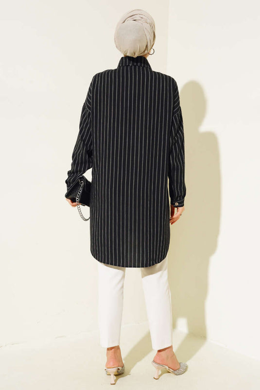 Çizgili Düşük Omuzlu Gömlek Siyah