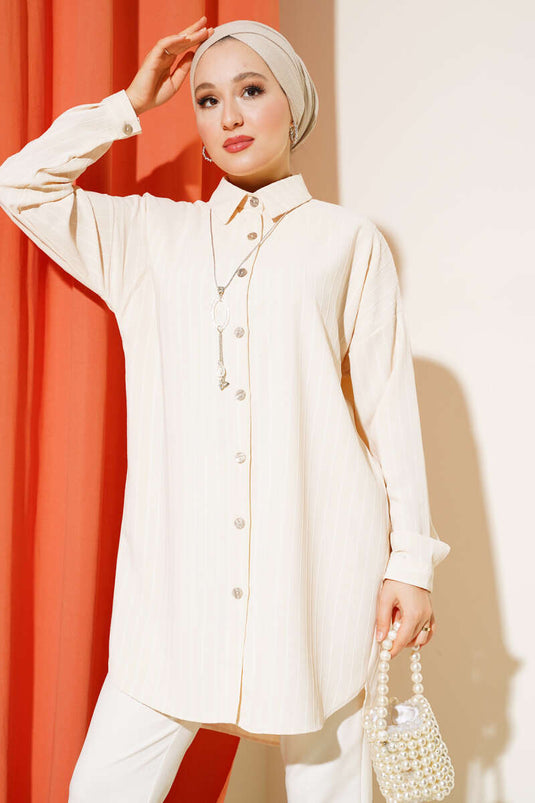 Striped Off-Shoulder Shirt Stone