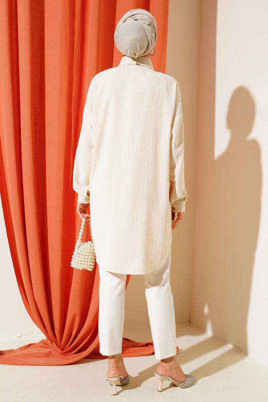 Çizgili Düşük Omuzlu Gömlek Taş