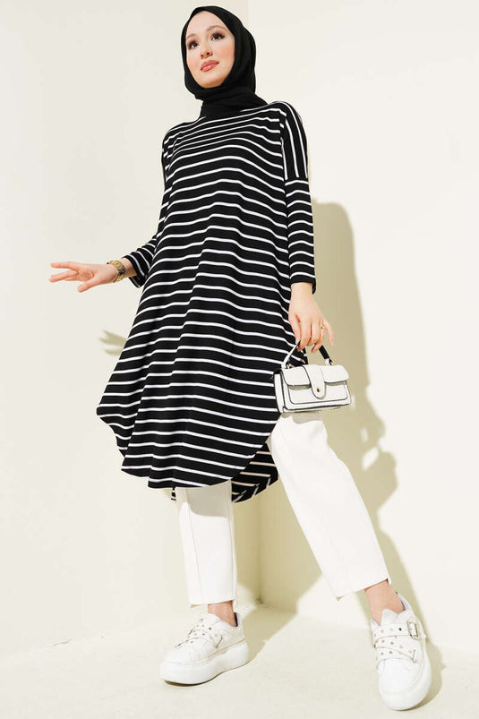 Striped Off-Shoulder Black Tunic
