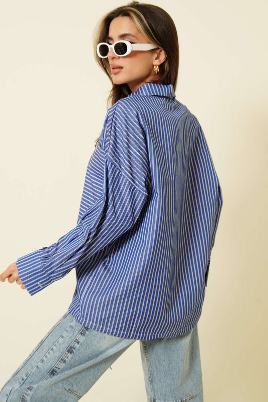 Striped Hem Tunic Shirt Blue