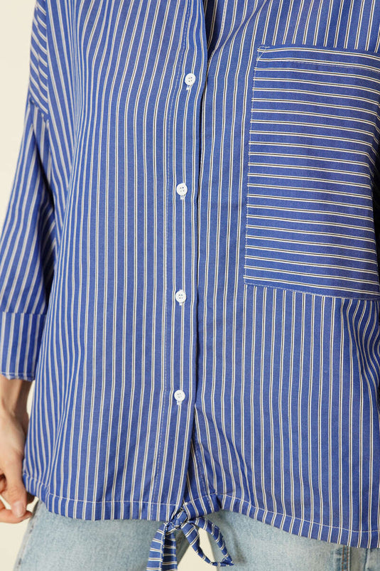 Çizgili Etek Ucu Tünelli Gömlek Saks