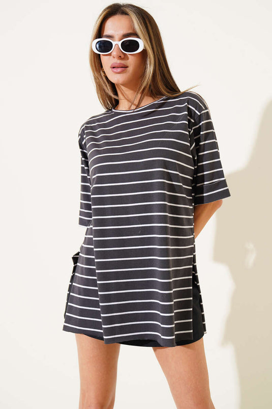 Çizgili Füme Tshirt