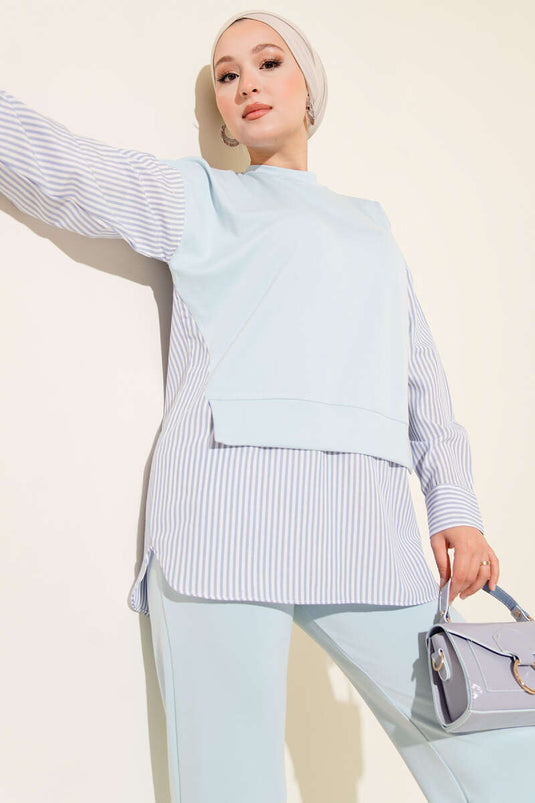 Striped Garnished Tunic Two Piece Set Baby Blue