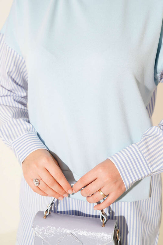 Striped Garnished Tunic Two Piece Set Baby Blue