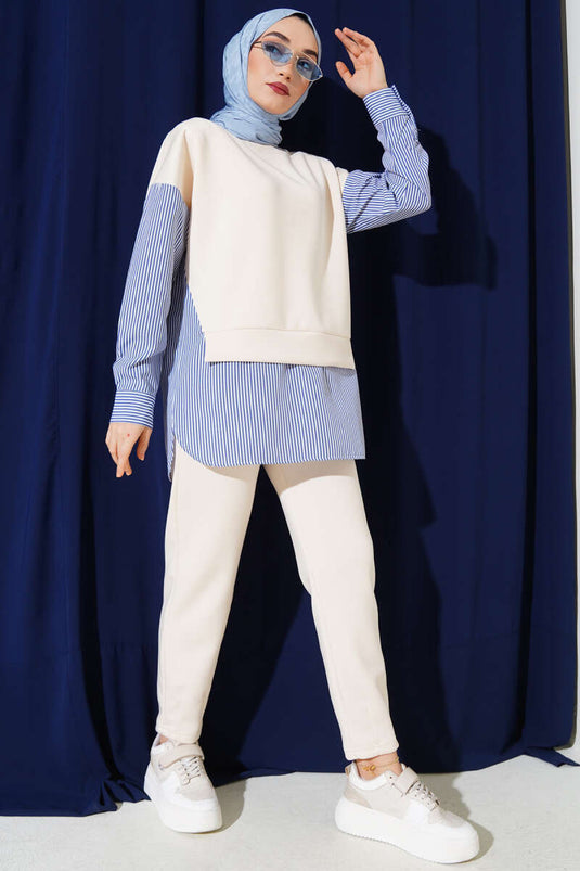 Gestreepte tuniek met garnering, tweedelig, ecru