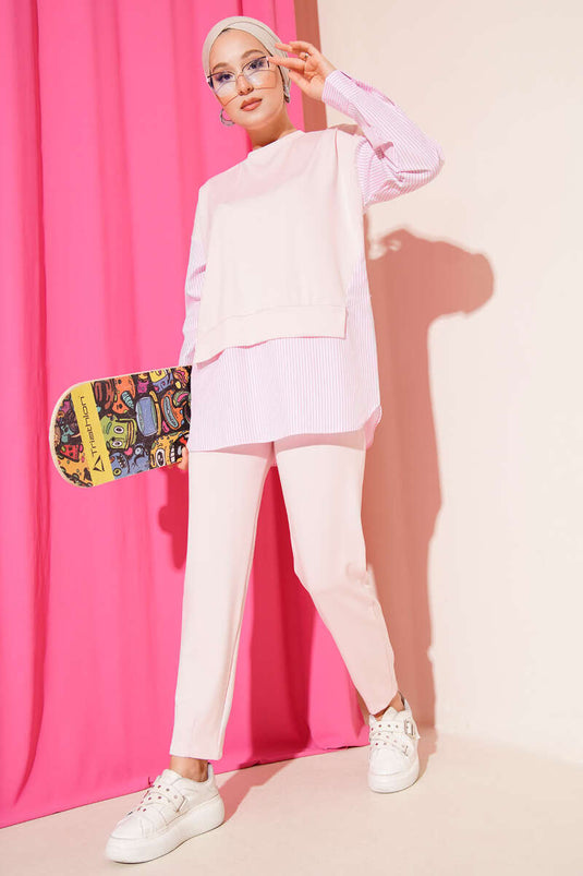 Striped Garnished Tunic Two Piece Set Pink