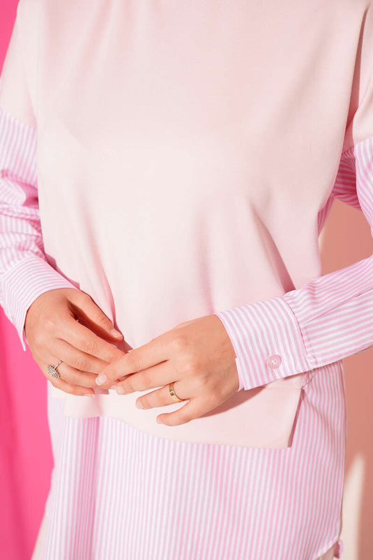 Striped Garnished Tunic Two Piece Set Pink