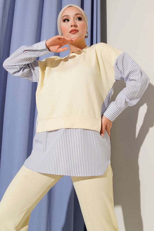 Striped Garnished Tunic Two Piece Set Yellow