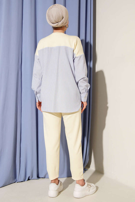 Striped Garnished Tunic Two Piece Set Yellow