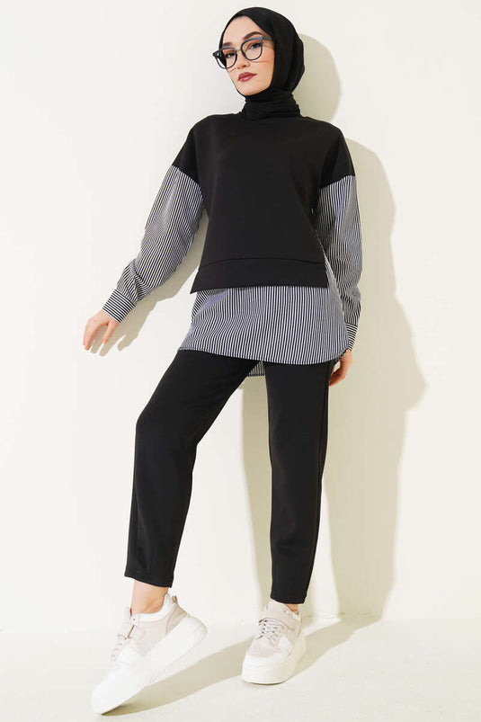 Çizgili Garnili Tunik İkili Takım Siyah