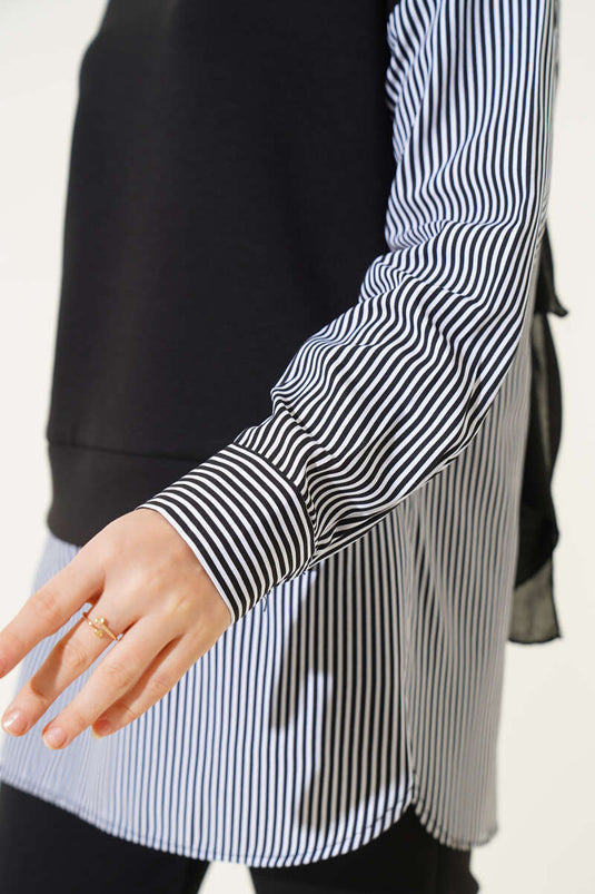 Çizgili Garnili Tunik İkili Takım Siyah