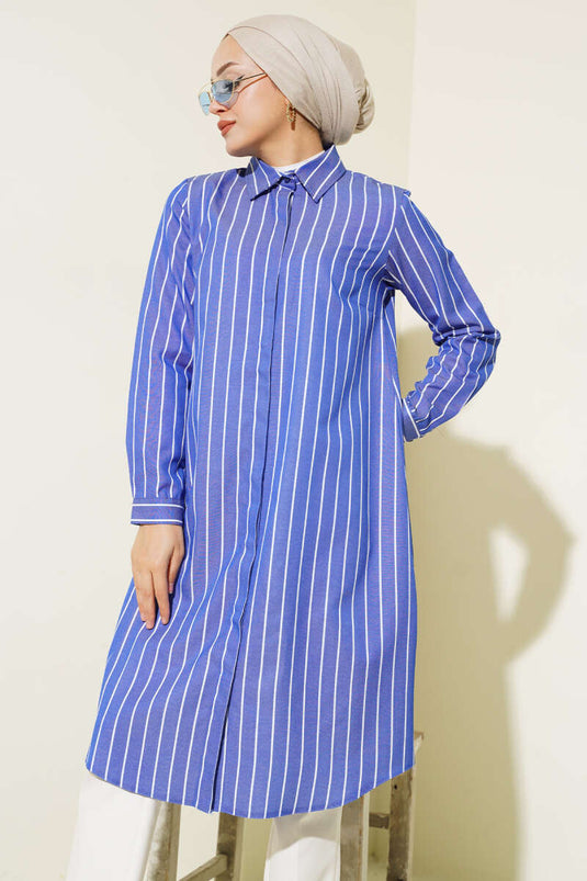 Striped Hidden Button Shirt Navy Blue