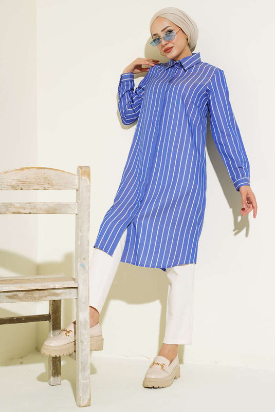 Striped Hidden Button Shirt Navy Blue