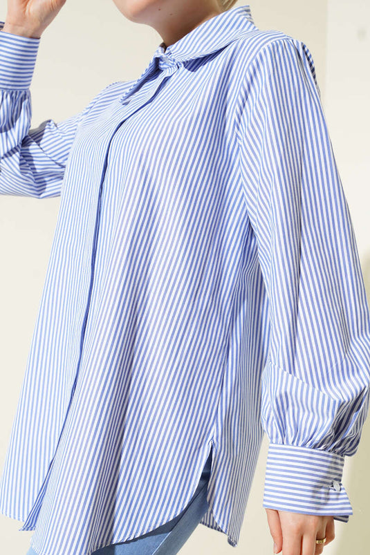 Gestreepte tuniek met verborgen knopen, tweedelige set, ijsblauw