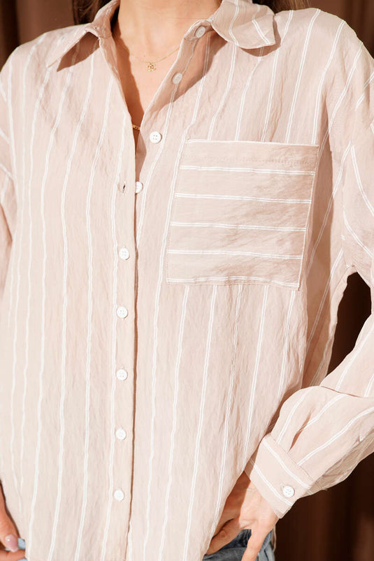 Striped Chest Pocket Loose Shirt Beige