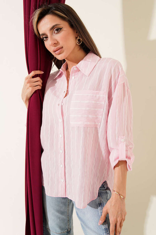 Striped Chest Pocket Loose Shirt Pink