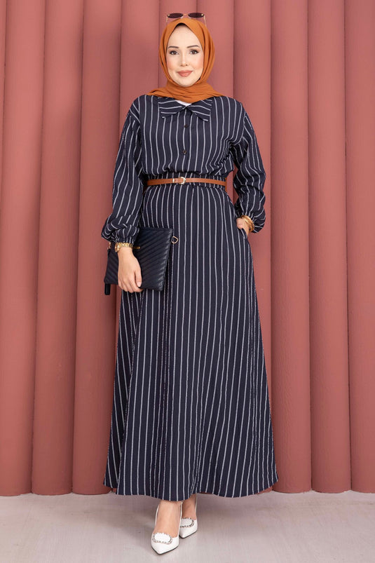 Ensemble deux pièces jupe et chemise rayée bleu marine