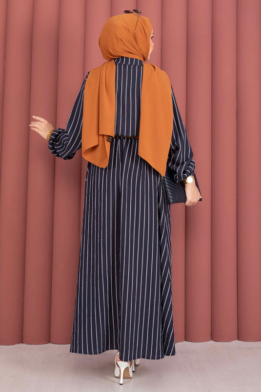 Ensemble deux pièces jupe et chemise rayée bleu marine