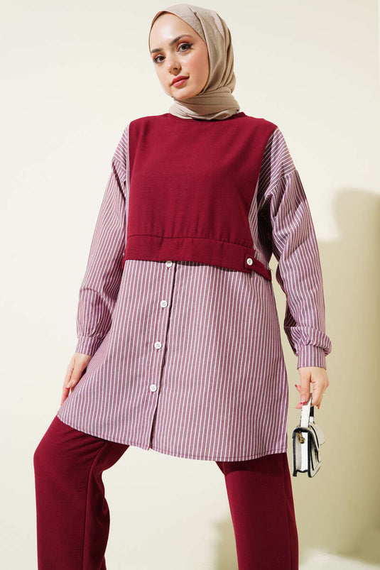 قميص مخطط مزين بأزرار وبدلة من قطعتين باللون الأحمر الداكن