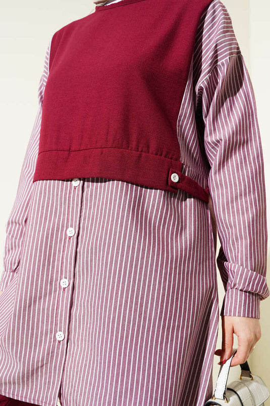 قميص مخطط مزين بأزرار وبدلة من قطعتين باللون الأحمر الداكن