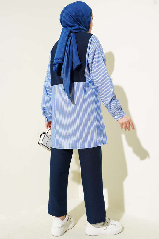 بدلة مكونة من قطعتين بقميص مخطط مزين بأزرار باللون الأزرق الداكن