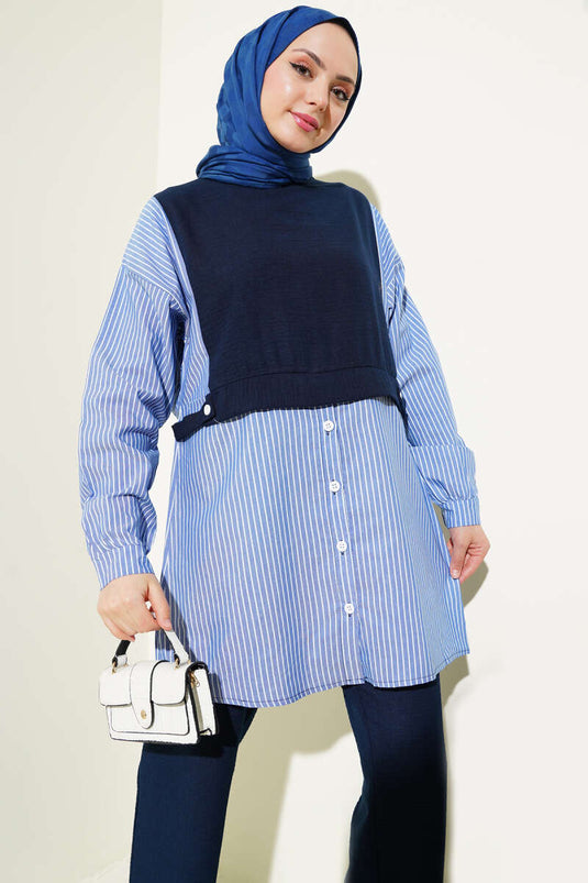 بدلة مكونة من قطعتين بقميص مخطط مزين بأزرار باللون الأزرق الداكن