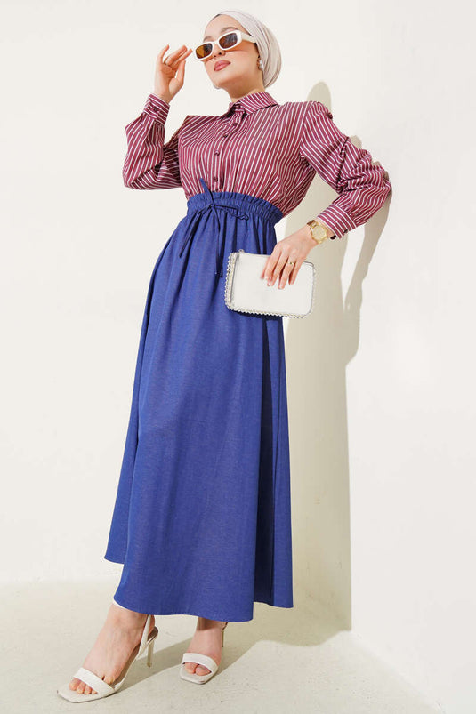 Striped Shirt Garnish Dress Claret Red