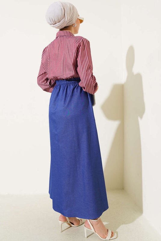 Striped Shirt Garnish Dress Claret Red