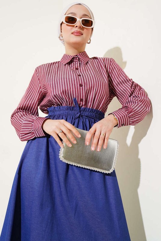 Striped Shirt Garnish Dress Claret Red