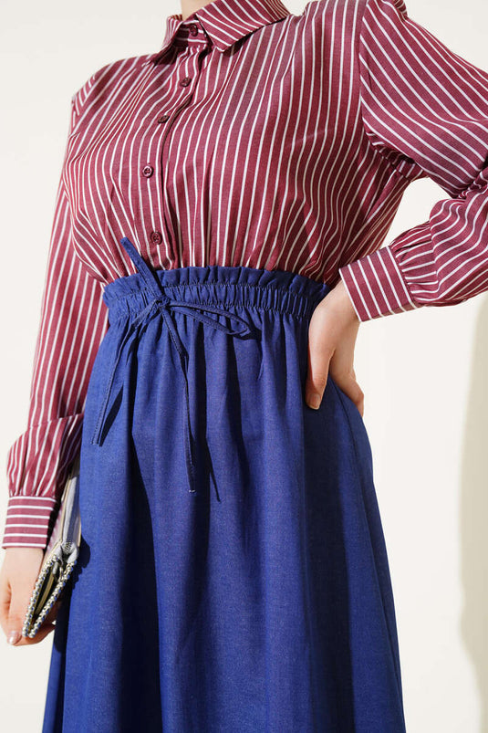 Striped Shirt Garnish Dress Claret Red