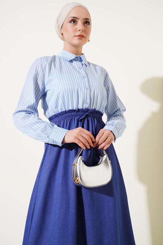 Gestreepte overhemdjurk ijsblauw