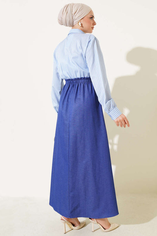 Gestreepte overhemdjurk ijsblauw