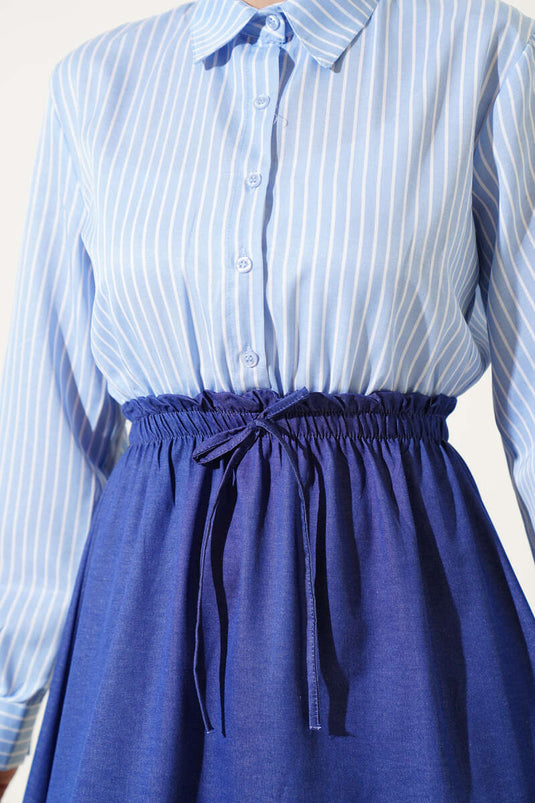 Gestreepte overhemdjurk ijsblauw