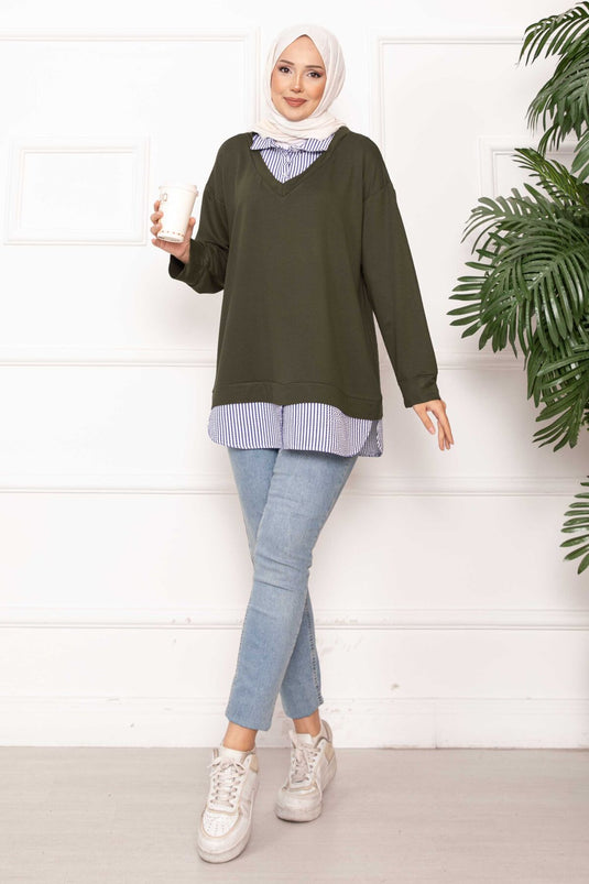 قميص مخطط مزين بتونيك كاكي