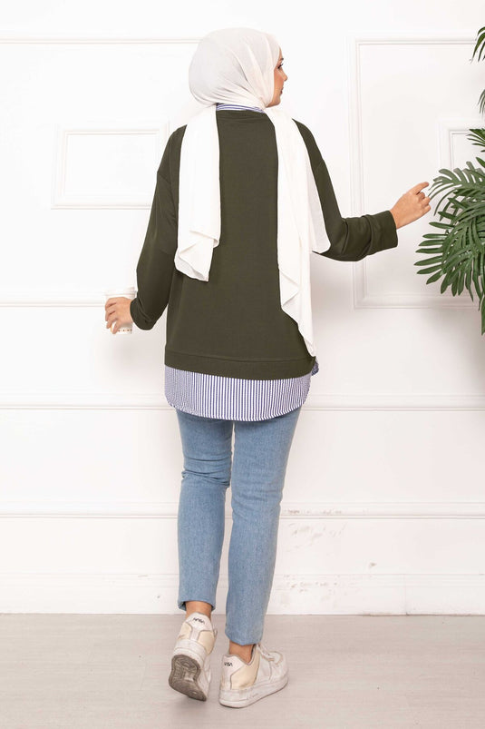 قميص مخطط مزين بتونيك كاكي