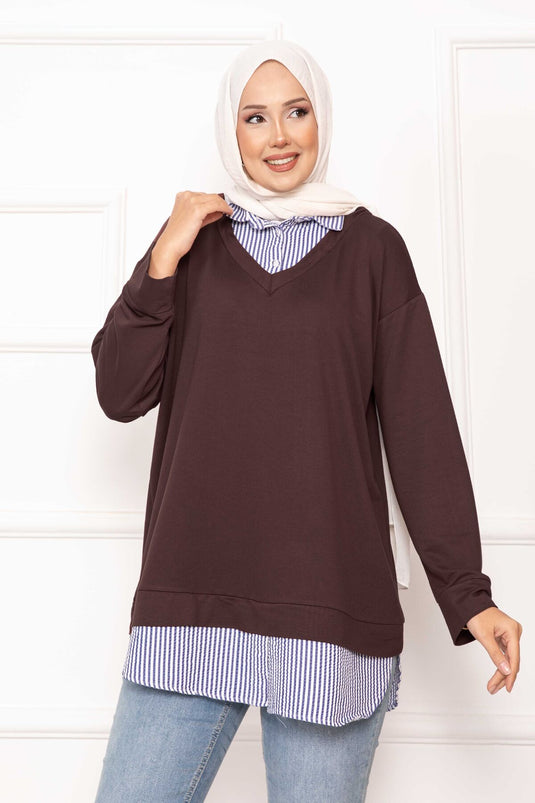 قميص مخطط مزين بقميص بني