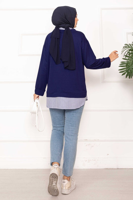 Çizgili Gömlek Garnili Tunik Lacivert