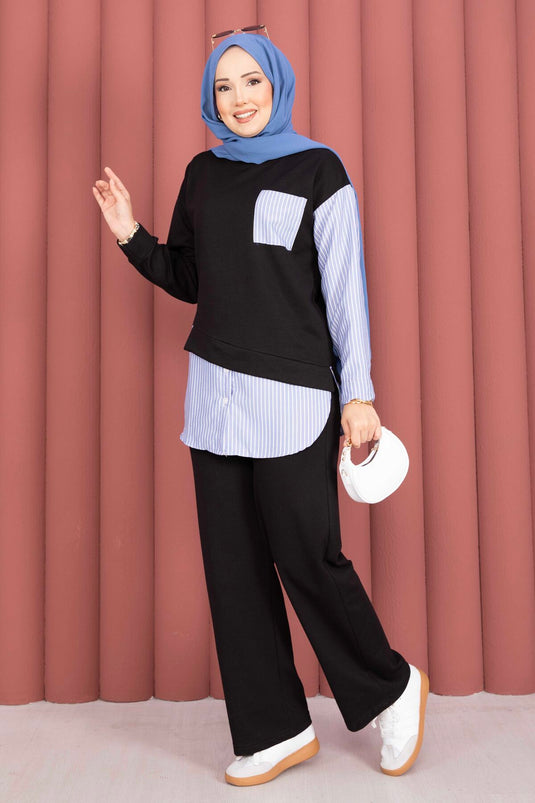Ensemble tunique pantalon à rayures avec garniture noir