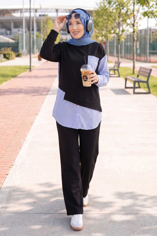 Ensemble tunique pantalon à rayures avec garniture noir