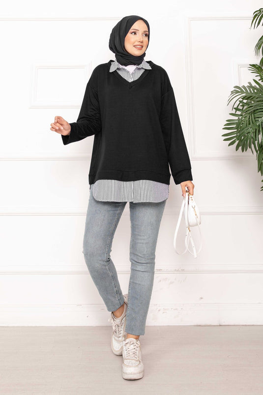 تونيك بقميص مخطط مزخرف - أسود