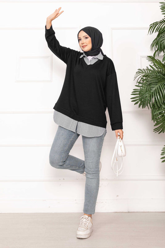 Striped Shirt-Detailed Black Tunic
