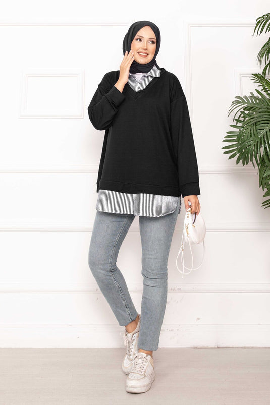 تونيك بقميص مخطط مزخرف - أسود